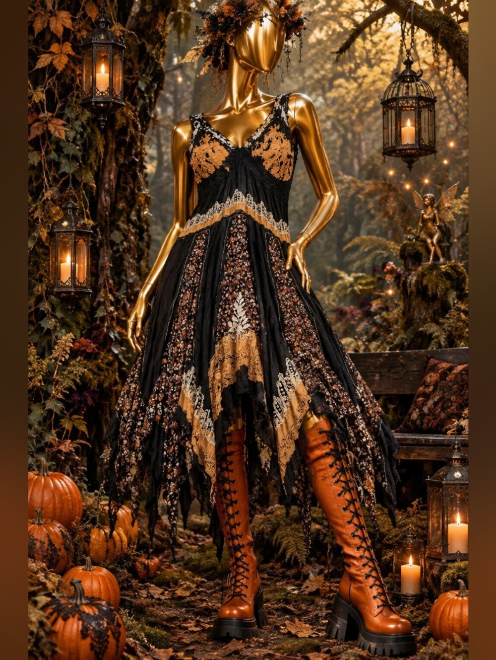 Whimsy Goth Bohemian Black & Gold Vintage Women's Dress with Lace Details